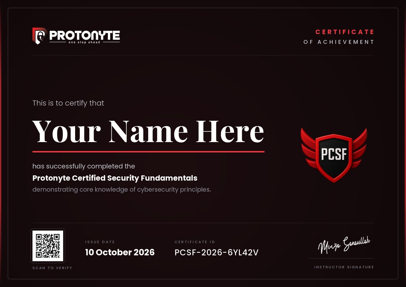 A sample PCSF certificate showing where the holder's name, the
             certificate ID, the issue date and the verification code appear.